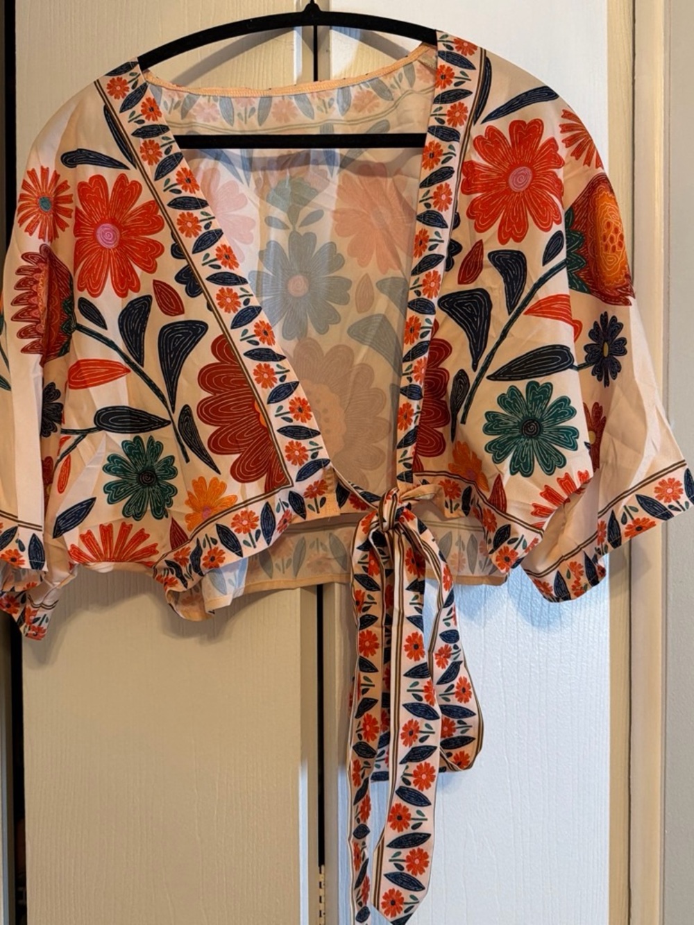 Floral Tie-Front Skort in Cream with Orange & Green Print - Picture 2 of 4